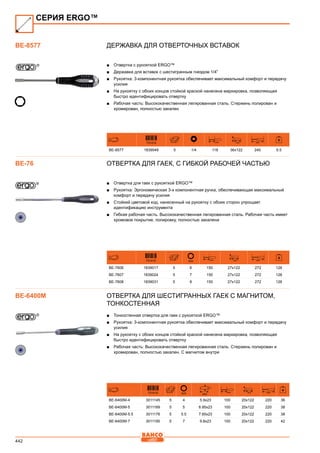 442
Державка для отверточных вставок
■■ Отвертка с рукояткой ERGO™
■■ Державка для вставок с шестигранным гнездом 1/4”
■■ Рукоятка: 3-компонентная рукоятка обеспечивает максимальный комфорт и передачу
усилия
■■ На рукоятку с обоих концов стойкой краской нанесена маркировка, позволяющая
быстро идентифицировать отвертку
■■ Рабочая часть: Высококачественная легированная сталь. Стержень полирован и
хромирован, полностью закален
731415 mm mm mm
BE-8577 1839048 5 1/4 118 36x122 240 5.5
Отвертка для гаек, с гибкой рабочей частью
■■ Отвертка для гаек с рукояткой ERGO™
■■ Рукоятка: Эргономическая 3-х компонентная ручка, обеспечивающая максимальный
комфорт и передачу усилия
■■ Стойкий цветовой код, нанесенный на рукоятку с обоих сторон упрощает
идентификацию инструмента
■■ Гибкая рабочая часть. Высококачественная легированная сталь. Рабочая часть имеет
хромовое покрытие, полировку, полностью закалена
731415 mm mm mm mm
BE-7606 1839017 5 6 150 27x122 272 126
BE-7607 1839024 5 7 150 27x122 272 126
BE-7608 1839031 5 8 150 27x122 272 126
Отвертка для шестигранных гаек с магнитом,
тонкостенная
■■ Тонкостенная отвертка для гаек с рукояткой ERGO™
■■ Рукоятка: 3-компонентная рукоятка обеспечивает максимальный комфорт и передачу
усилия
■■ На рукоятку с обоих концов стойкой краской нанесена маркировка, позволяющая
быстро идентифицировать отвертку
■■ Рабочая часть: Высококачественная легированная сталь. Стержень полирован и
хромирован, полностью закален. С магнитом внутри
731415 mm mm
mm mm mm
BE-6400M-4 3011145 5 4 5.9x23 100 20x122 220 36
BE-6400M-5 3011169 5 5 6.95x23 100 20x122 220 38
BE-6400M-5.5 3011176 5 5.5 7.65x23 100 20x122 220 38
BE-6400M-7 3011190 5 7 9.8x23 100 20x122 220 42
СЕРИЯ ERGO™
BE-8577
BE-76
BE-6400M
 