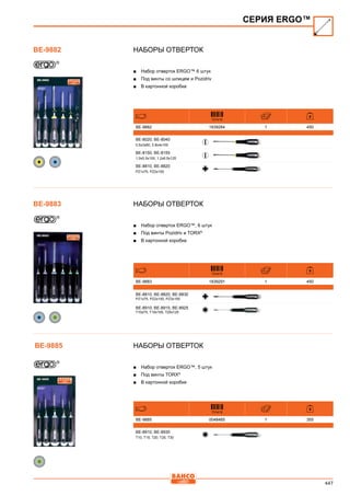 447
Наборы отверток
■■ Набор отверток ERGO™ 6 штук
■■ Под винты со шлицем и Pozidriv
■■ В картонной коробке
731415
BE-9882 1839284 1 450
BE-8020, BE-8040
0.5x3x60, 0.8x4x100
BE-8150, BE-8155
1.0x5.5x100, 1.2x6.5x125
BE-8810, BE-8820
PZ1x75, PZ2x100
Наборы отверток
■■ Набор отверток ERGO™, 6 штук
■■ Под винты Pozidriv и TORX®
■■ В картонной коробке
731415
BE-9883 1839291 1 450
BE-8810, BE-8820, BE-8830
PZ1x75, PZ2x100, PZ3x150
BE-8910, BE-8915, BE-8925
T10x75, T15x100, T25x125
Наборы отверток
■■ Набор отверток ERGO™, 5 штук
■■ Под винты TORX®
■■ В картонной коробке
731415
BE-9885 0048465 1 355
BE-8910, BE-8930
T10, T15, T20, T25, T30
СЕРИЯ ERGO™
BE-9882
BE-9883
BE-9885
 