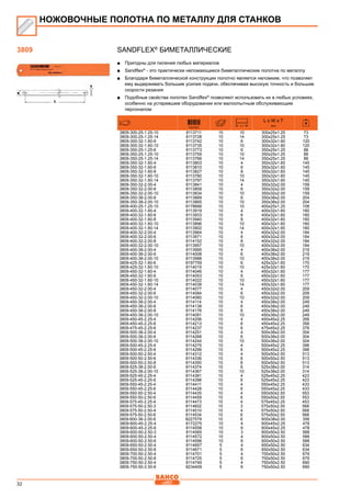32
SANDFLEX®
Биметаллические
■■ Пригодны для пиления любых материалов
■■ Sandflex®
- это практически неломающиеся биметаллические полотна по металлу
■■ Благодаря биметаллической конструкции полотно является неломким, что позволяет
ему выдерживать большие усилия подачи, обеспечивая высокую точность и большие
скорости резания
■■ Подобные свойства полотен Sandflex®
позволяют использовать их в любых условиях,
особенно на устаревшем оборудовании или малоопытным обслуживающим
персоналом
731151
L x W x T
mm
3809-300-25-1.25-10 8113711 10 10 300x25x1.25 73
3809-300-25-1.25-14 8113728 10 14 300x25x1.25 73
3809-300-32-1.60-6 8113742 10 6 300x32x1.60 120
3809-300-32-1.60-10 8113735 10 10 300x32x1.60 120
3809-350-25-1.25-6 8113773 10 6 350x25x1.25 88
3809-350-25-1.25-10 8113759 10 10 350x25x1.25 88
3809-350-25-1.25-14 8113766 10 14 350x25x1.25 88
3809-350-32-1.60-4 8113803 10 4 350x32x1.60 145
3809-350-32-1.60-6 8113810 10 6 350x32x1.60 145
3809-350-32-1.60-8 8113827 10 8 350x32x1.60 145
3809-350-32-1.60-10 8113780 10 10 350x32x1.60 145
3809-350-32-1.60-14 8113797 10 14 350x32x1.60 145
3809-350-32-2.00-4 8113841 10 4 350x32x2.00 159
3809-350-32-2.00-6 8113858 10 6 350x32x2.00 159
3809-350-32-2.00-10 8113834 10 10 350x32x2.00 159
3809-350-38-2.00-6 8113889 10 6 350x38x2.00 204
3809-350-38-2.00-10 8113865 10 10 350x38x2.00 204
3809-400-25-1.25-10 8178666 10 10 400x25x1.25 108
3809-400-32-1.60-4 8113919 10 4 400x32x1.60 160
3809-400-32-1.60-6 8113933 10 6 400x32x1.60 160
3809-400-32-1.60-8 8113940 10 8 400x32x1.60 160
3809-400-32-1.60-10 8113896 10 10 400x32x1.60 160
3809-400-32-1.60-14 8113902 10 14 400x32x1.60 160
3809-400-32-2.00-4 8113964 10 4 400x32x2.00 184
3809-400-32-2.00-6 8113971 10 6 400x32x2.00 184
3809-400-32-2.00-8 8114152 10 8 400x32x2.00 184
3809-400-32-2.00-10 8113957 10 10 400x32x2.00 184
3809-400-38-2.00-4 8113995 10 4 400x38x2.00 219
3809-400-38-2.00-6 8114008 10 6 400x38x2.00 219
3809-400-38-2.00-10 8113988 10 10 400x38x2.00 219
3809-425-32-1.60-6 8197759 10 6 425x32x1.60 170
3809-425-32-1.60-10 8114015 10 10 425x32x1.60 170
3809-450-32-1.60-4 8114046 10 4 450x32x1.60 177
3809-450-32-1.60-6 8114053 10 6 450x32x1.60 177
3809-450-32-1.60-10 8114022 10 10 450x32x1.60 177
3809-450-32-1.60-14 8114039 10 14 450x32x1.60 177
3809-450-32-2.00-4 8114077 10 4 450x32x2.00 209
3809-450-32-2.00-6 8114084 10 6 450x32x2.00 209
3809-450-32-2.00-10 8114060 10 10 450x32x2.00 209
3809-450-38-2.00-4 8114114 10 4 450x38x2.00 249
3809-450-38-2.00-6 8114138 10 6 450x38x2.00 249
3809-450-38-2.00-8 8114176 10 8 450x38x2.00 249
3809-450-38-2.00-10 8114091 10 10 450x38x2.00 249
3809-450-45-2.25-4 8114206 10 4 450x45x2.25 358
3809-450-45-2.25-6 8114213 10 6 450x45x2.25 358
3809-475-45-2.25-6 8114237 10 6 475x45x2.25 378
3809-500-38-2.00-4 8114251 10 4 500x38x2.00 304
3809-500-38-2.00-6 8114268 10 6 500x38x2.00 304
3809-500-38-2.00-10 8114244 10 10 500x38x2.00 304
3809-500-45-2.25-4 8114275 10 4 500x45x2.25 398
3809-500-45-2.25-6 8114299 10 6 500x45x2.25 398
3809-500-50-2.50-4 8114312 10 4 500x50x2.50 513
3809-500-50-2.50-6 8114336 10 6 500x50x2.50 513
3809-500-50-2.50-8 8114350 10 8 500x50x2.50 513
3809-525-38-2.00-6 8114374 10 6 525x38x2.00 314
3809-525-38-2.00-10 8114367 10 10 525x38x2.00 314
3809-525-45-2.25-4 8114381 10 4 525x45x2.25 423
3809-525-45-2.25-6 8114398 10 6 525x45x2.25 423
3809-550-45-2.25-4 8114411 10 4 550x45x2.25 433
3809-550-45-2.25-6 8114428 10 6 550x45x2.25 433
3809-550-50-2.50-4 8114435 10 4 550x50x2.50 553
3809-550-50-2.50-6 8114459 10 6 550x50x2.50 553
3809-575-45-2.25-4 8114473 10 4 575x45x2.25 453
3809-575-50-2.50-3 8114602 10 3 575x50x2.50 568
3809-575-50-2.50-4 8114510 10 4 575x50x2.50 568
3809-575-50-2.50-6 8114534 10 6 575x50x2.50 568
3809-600-38-2.00-6 8227579 10 6 600x38x2.00 356
3809-600-45-2.25-4 8172275 10 4 600x45x2.25 478
3809-600-45-2.25-6 8114558 10 6 600x45x2.25 478
3809-600-50-2.50-3 8114565 10 3 600x50x2.50 588
3809-600-50-2.50-4 8114572 10 4 600x50x2.50 588
3809-600-50-2.50-6 8114596 10 6 600x50x2.50 588
3809-650-50-2.50-4 8114657 5 4 650x50x2.50 634
3809-650-50-2.50-6 8114671 5 6 650x50x2.50 634
3809-700-50-2.50-4 8114701 5 4 700x50x2.50 679
3809-700-50-2.50-6 8114725 5 6 700x50x2.50 679
3809-750-50-2.50-4 8114749 5 4 750x50x2.50 690
3809-750-50-2.50-6 8234409 5 6 750x50x2.50 690
НОЖОВОЧНЫЕ ПОЛОТНА ПО МЕТАЛЛУ ДЛЯ СТАНКОВ
3809
 