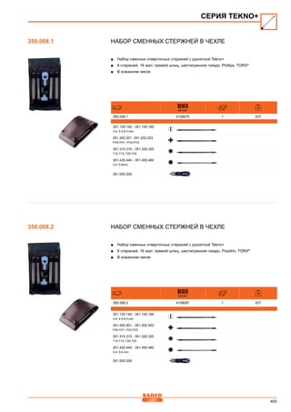 465
Набор сменных стержней в чехле
■■ Набор сменных отверточных стержней с рукояткой Tekno+
■■ 8 стержней, 16 жал: прямой шлиц, шестигранное гнездо, Phillips, TORX®
■■ В кожанном чехле
841281
350.008.1 4108070 1 637
351.130.140 - 351.155.165
3-4; 5.5-6.5 mm
351.200.201 -351.202.203
PH0-PH1; PH2-PH3
351.310.315 - 351.320.325
T10-T15; T20-T25
351.430.440 - 351.450.460
3-4; 5-6mm
351.000.000
Набор сменных стержней в чехле
■■ Набор сменных отверточных стержней с рукояткой Tekno+
■■ 8 стержней, 16 жал: прямой шлиц, шестигранное гнездо, Pozidriv, TORX®
■■ В кожанном чехле
841281
350.008.2 4108087 1 637
351.130.140 - 351.155.165
3-4; 5.5-6.5 mm
351.500.501 - 351.502.503
PZ0-PZ1; PZ2-PZ3
351.310.315 - 351.320.325
T10-T15; T20-T25
351.430.440 - 351.450.460
3-4; 5-6 mm
351.000.000
СЕРИЯ TEKNO+
350.008.1
350.008.2
 
