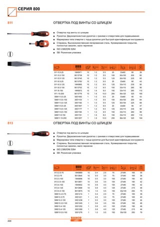 466
Отвертка под винты со шлицем
■■ Отвертка под винты со шлицем
■■ Рукоятка: Двухкомпонентная рукоятка с гранями и отверстием для подвешивания
■■ Маркировка типа отвертки с торца рукоятки для быстрой идентификации инструмента
■■ Стержень: Высококачественная легированная сталь. Хромированное покрытие,
полностью закален, жало черненое
■■ ISO 2380/DIN 5264
■■ SB: Розничная упаковка
731415 mm mm mm mm mm
811-5,5-25 1845971 10 1.0 5.5 25 33x60 85 39
811-5.5-100 8013738 10 1.0 5.5 100 30x100 200 60
811-5.5-125 8013745 10 1.0 5.5 125 30x100 225 65
811-6.5-25 8013783 10 1.2 6.5 25 33x60 85 43
811-6.5-125 1845865 10 1.2 6.5 125 33x110 235 90
811-6.5-150 8013752 10 1.2 6.5 150 33x110 260 95
811-8-150 1845872 10 1.6 8.0 150 33x110 260 110
811-10-200 8013776 10 1.6 10.0 200 36x120 320 160
SB811-5,5-25 3001450 1 1.0 5.5 25 33x60 85 43
SB811-5,5-100 3001153 1 1.0 5.5 100 30x100 200 64
SB811-5,5-125 3001160 1 1.0 5.5 125 30x100 225 69
SB811-6,5-25 3001467 1 1.2 6.5 25 33x60 85 47
SB811-6,5-125 3001177 1 1.2 6.5 125 33x110 235 94
SB811-6,5-150 3001184 1 1.2 6.5 150 33x110 260 99
SB811-8-150 3001191 1 1.6 8.0 150 33x110 260 114
SB811-10-200 3001207 1 1.6 10.0 200 36x120 320 164
Отвертка под винты со шлицем
■■ Отвертка под винты со шлицем
■■ Рукоятка: Двухкомпонентная рукоятка с гранями и отверстием для подвешивания
■■ Маркировка типа отвертки с торца рукоятки для быстрой идентификации инструмента
■■ Стержень: Высококачественная легированная сталь. Хромированное покрытие,
полностью закален, жало черненое
■■ ISO 2380/DIN 5264
■■ SB: Розничная упаковка
731415 mm mm mm mm mm
813-2,5-75 1845889 10 0.4 2.5 75 27x90 165 35
813-3-75 8013844 10 0.5 3.0 75 27x90 165 36
813-3-100 1845896 10 0.5 3.0 100 27x90 190 40
813-3.5-100 8013851 10 0.6 3.5 100 27x90 190 42
813-4-100 1845902 10 0.8 4.0 100 27x90 190 42
813-4-125 8013868 10 0.8 4.0 125 27x90 215 46
813-5.5-150 8013875 10 1.0 5.5 150 30x100 250 75
SB813-2,5-75 3001214 1 0.4 2.5 75 27x90 165 39
SB813-3-75 3001221 1 0.5 3.0 75 27x90 165 40
SB813-3-100 3001238 1 0.5 3.0 100 27x90 190 44
SB813-3,5-100 3001245 1 0.6 3.5 100 27x90 190 46
SB813-4-100 3001252 1 0.8 4.0 100 27x90 190 46
SB813-4-125 3001269 1 0.8 4.0 125 27x90 215 44
SB813-5,5-150 3001276 1 1.0 5.5 150 30x100 250 79
СЕРИЯ 800
811
813
 