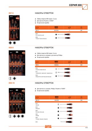 473
Наборы отверток
■■ Набор отверток 800 серии, 5 штук
■■ Для винтов Pozidriv и TORX®
■■ В картонной коробке
731415
807-5 3010704 1 287
816-
PZ 1x100 PZ 2x125
818-
T10x75 T15x100 T25x125
Наборы отверток
■■ Набор отверток 800 серии, 9 штук
■■ Для винтов со шлицем и для винтов Phillips
■■ В картонной коробке
731415
808-9 1846534 1 809
813-
0.5x3x75 0.8x4x100 mm
811-
1.0x5.5x100 1.2x6.5x125 1.2x8x150 mm
815-
PH0x75 PH1x100 PH2x125 PH3x150
Наборы отверток
■■ Для винтов со шлицем, Phillips, Pozidriv и TORX®
■■ В картонной коробке
731415
808-10 3010797 1 630
813
3.5x100
815
PH2x125
816
PZ1x100, PZ 2x125
816
PZ2x25
818
T15x100, T20x100, T25x125
814
СЕРИЯ 800
807-5
808-9
808-10
 