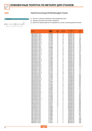 34
ПОЛОТНА ИЗ БЫСТРОРЕЖУЩЕЙ СТАЛИ
■■ Полотна по металлу, сделанные из быстрорежущей стали
■■ Подходят для резки почти любого материала
■■ Достаточно хорошо работают на современных станках с высоким уровнем контроля
731151
L x W x T
mm
3802-300-25-1.25-6 8143299 10 6 300x25x1.25 73
3802-300-25-1.25-10 8111229 10 10 300x25x1.25 73
3802-300-25-1.25-14 8111236 10 14 300x25x1.25 73
3802-300-32-1.60-6 8111298 10 6 300x32x1.60 120
3802-300-32-1.60-10 8111274 10 10 300x32x1.60 120
3802-350-25-1.25-6 8111359 10 6 350x25x1.25 88
3802-350-25-1.25-10 8111335 10 10 350x25x1.25 88
3802-350-25-1.25-14 8111342 10 14 350x25x1.25 88
3802-350-32-1.60-4 8111410 10 4 350x32x1.60 145
3802-350-32-1.60-6 8111427 10 6 350x32x1.60 145
3802-350-32-1.60-8 8140908 10 8 350x32x1.60 145
3802-350-32-1.60-10 8111397 10 10 350x32x1.60 145
3802-350-32-1.60-14 8111403 10 14 350x32x1.60 145
3802-400-25-1.25-6 8111519 10 6 400x25x1.25 98
3802-400-25-1.25-10 8111496 10 10 400x25x1.25 98
3802-400-25-1.25-14 8111502 10 14 400x25x1.25 98
3802-400-32-1.60-4 8111571 10 4 400x32x1.60 160
3802-400-32-1.60-6 8111588 10 6 400x32x1.60 160
3802-400-32-1.60-8 8111595 10 8 400x32x1.60 160
3802-400-32-1.60-10 8111557 10 10 400x32x1.60 160
3802-400-32-1.60-14 8111564 10 14 400x32x1.60 160
3802-400-38-2.00-4 8111656 10 4 400x38x2.00 219
3802-400-38-2.00-6 8111663 10 6 400x38x2.00 219
3802-400-38-2.00-10 8111649 10 10 400x38x2.00 219
3802-425-32-1.60-6 8111700 10 6 425x32x1.60 170
3802-425-32-1.60-10 8111694 10 10 425x32x1.60 170
3802-450-32-1.60-4 8111755 10 4 450x32x1.60 177
3802-450-32-1.60-6 8111762 10 6 450x32x1.60 177
3802-450-32-1.60-10 8111731 10 10 450x32x1.60 177
3802-450-32-1.60-14 8111748 10 14 450x32x1.60 177
3802-450-38-2.00-4 8111830 10 4 450x38x2.00 249
3802-450-38-2.00-6 8111854 10 6 450x38x2.00 249
3802-450-38-2.00-8 8111878 10 8 450x38x2.00 249
3802-450-38-2.00-10 8111816 10 10 450x38x2.00 249
3802-475-38-2.00-8 8113117 10 8 475x38x2.00 279
3802-500-38-2.00-4 8111960 10 4 500x38x2.00 304
3802-500-38-2.00-6 8111977 10 6 500x38x2.00 304
3802-500-38-2.00-8 8113070 10 8 500x38x2.00 304
3802-500-38-2.00-10 8111953 10 10 500x38x2.00 304
3802-500-50-2.50-4 8112028 10 4 500x50x2.50 513
3802-500-50-2.50-6 8112042 10 6 500x50x2.50 513
3802-525-38-2.00-6 8112097 10 6 525x38x2.00 314
3802-525-38-2.00-8 8112103 10 8 525x38x2.00 314
3802-525-38-2.00-10 8112073 10 10 525x38x2.00 314
3802-550-38-2.00-6 8112158 10 6 550x38x2.00 329
3802-550-50-2.50-4 8112202 10 4 550x50x2.50 553
3802-550-50-2.50-6 8112226 10 6 550x50x2.50 553
3802-550-50-2.50-8 8112240 10 8 550x50x2.50 553
3802-550-50-2.50-10 8112196 10 10 550x50x2.50 553
3802-575-50-2.50-4 8112318 10 4 575x50x2.50 568
3802-575-50-2.50-6 8112332 10 6 575x50x2.50 568
3802-600-50-2.50-4 8112417 10 4 600x50x2.50 588
3802-600-50-2.50-6 8112431 10 6 600x50x2.50 588
3802-600-50-2.50-8 8112455 10 8 600x50x2.50 588
3802-650-50-2.50-4 8112509 5 4 650x50x2.50 634
3802-650-50-2.50-6 8112530 5 6 650x50x2.50 634
3802-700-50-2.50-3 8112585 5 3 700x50x2.50 679
3802-700-50-2.50-4 8112608 5 4 700x50x2.50 679
3802-700-50-2.50-6 8112622 5 6 700x50x2.50 679
3802-700-63-3.00-4 8112646 5 4 700x63x3.00 960
3802-750-50-2.50-4 8112660 5 4 750x50x2.50 730
3802-750-50-2.50-6 8112677 5 6 750x50x2.50 730
3802-750-63-3.00-4 8112684 5 4 750x63x3.00 1030
3802-800-70-3.00-4 8112707 5 4 800x70x3.00 1305
3802-850-70-3.00-4 8112721 5 4 850x70x3.00 1390
3802-950-70-3.00-4 8112745 5 4 950x70x3.00 1590
НОЖОВОЧНЫЕ ПОЛОТНА ПО МЕТАЛЛУ ДЛЯ СТАНКОВ
3802
 