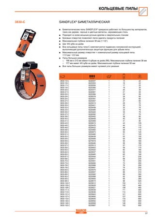 37
SANDFLEX®
Биметаллическая
■■ Биметаллические пилы SANDFLEX®
прекрасно работают по большинству материалов,
таких как дерево, черные и цветные металлы, нержавеющая сталь
■■ Подходят ко всем мощным ручным дрелям и сверлильным станкам
■■ Боковые отверстия позволяют легко удалять продукты пиления
■■ Максимальная глубина пиления 38 мм (1 1/2”)
■■ Шаг 4/6 зуба на дюйм
■■ Все кольцевые пилы типа C комплектуются подвесом и вложенной инструкцией,
выполняющей дополнительную защитную функцию для зубьев пилы
■■ Максимальный размер отверстия = номинальный размер кольцевой пилы
+1,5 мм / -0,0 мм
■■ Пилы больших размеров
□□ 168 мм и 210 мм имеют 6 зубьев на дюйм (R6). Максимальная глубина пиления 38 мм
□□ 177 мм имеет 4/6 зуба на дюйм. Максимальная глубина пиления 50 мм
■■ Все пилы больших размеров имеют нулевой угол резания
731151 mm
3830-14-C 8228347 1 14 22
3830-16-C 8225353 1 16 22
3830-17-C 8228354 1 17 22
3830-19-C 8225360 1 19 30
3830-20-C 8225377 1 20 35
3830-21-C 8228361 1 21 45
3830-22-C 8225384 1 22 55
3830-24-C 8228378 1 24 60
3830-25-C 8225391 1 25 60
3830-27-C 8225407 1 27 60
3830-29-C 8225414 1 29 70
3830-30-C 8225421 1 30 75
3830-32-C 8225438 1 32 75
3830-33-C 8228385 1 33 75
3830-35-C 8225445 1 35 75
3830-37-C 8228392 1 37 75
3830-38-C 8225452 1 38 80
3830-40-C 8228408 1 40 90
3830-41-C 8225469 1 41 95
3830-43-C 8228415 1 43 105
3830-44-C 8225476 1 44 110
3830-46-C 8228422 1 46 115
3830-48-C 8225483 1 48 115
3830-50-C 8260873 1 50 120
3830-51-C 8225490 1 51 120
3830-52-C 8228439 1 52 120
3830-54-C 8225506 1 54 160
3830-55-C 8270919 1 55 160
3830-56-C 8228446 1 56 160
3830-57-C 8225513 1 57 170
3830-59-C 8228453 1 59 170
3830-60-C 8225520 1 60 180
3830-64-C 8225537 1 64 190
3830-65-C 8228460 1 65 190
3830-67-C 8225544 1 67 230
3830-68-C 8228477 1 68 230
3830-70-C 8225551 1 70 250
3830-73-C 8228484 1 73 250
3830-76-C 8225568 1 76 250
3830-79-C 8228491 1 79 250
3830-83-C 8225575 1 83 310
3830-86-C 8228507 1 86 310
3830-89-C 8225582 1 89 350
3830-92-C 8225599 1 92 380
3830-95-C 8225605 1 95 390
3830-98-C 8228514 1 98 420
3830-102-C 8225612 1 102 410
3830-105-C 8225629 1 105 460
3830-108-C 8228521 1 108 460
3830-111-C 8228538 1 111 460
3830-114-C 8225636 1 114 530
3830-121-C 8225643 1 121 600
3830-127-C 8225650 1 127 650
3830-133-C 8228545 1 133 650
3830-140-C 8228552 1 140 650
3830-146-C 8228569 1 146 650
3830-152-C 8225667 1 152 900
КОЛЬЦЕВЫЕ ПИЛЫ
3830-C
 