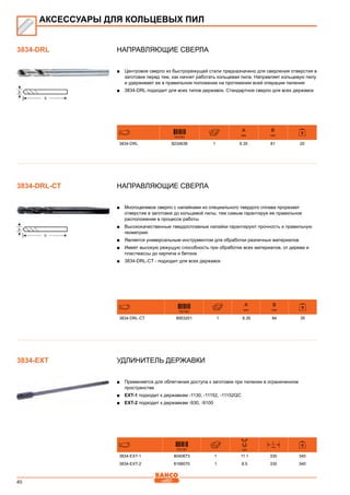 40
Направляющие сверла
■■ Центровое сверло из быстрорежущей стали предназначено для сверления отверстия в
заготовке перед тем, как начнет работать кольцевая пила. Направляет кольцевую пилу
и удерживает ее в правильном положении на протяжении всей операции пиления
■■ 3834-DRL подходит для всех типов державок. Стандартное сверло для всех державок
731151
A
mm
B
mm
3834-DRL 8234638 1 6.35 81 20
Направляющие сверла
■■ Многоцелевое сверло с напайками из специального твердого сплава прорезает
отверстие в заготовке до кольцевой пилы, тем самым гарантируя ее правильное
расположение в процессе работы
■■ Высококачественные твердосплавные напайки гарантируют прочность и правильную
геометрию
■■ Является универсальным инструментом для обработки различных материалов
■■ Имеет высокую режущую способность при обработке всех материалов, от дерева и
пластмассы до кирпича и бетона
■■ 3834-DRL-CT - подходит для всех державок
731151
A
mm
B
mm
3834-DRL-CT 8953201 1 6.35 84 35
Удлинитель державки
■■ Применяется для облегчения доступа к заготовке при пилении в ограниченном
пространстве
■■ EXT-1 подходит к державкам -1130, -11152, -11152QC
■■ EXT-2 подходит к державкам -930, -9100
731151 mm
L
mm
3834-EXT-1 8040673 1 11.1 330 340
3834-EXT-2 8168070 1 8.5 330 340
АКСЕССУАРЫ ДЛЯ КОЛЬЦЕВЫХ ПИЛ
3834-DRL
3834-DRL-CT
3834-EXT
 