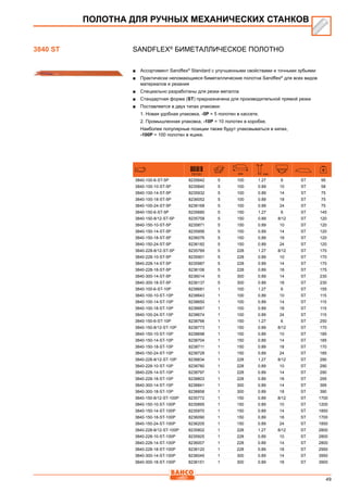 49
SANDFLEX®
Биметаллическое полотно
■■ Ассортимент Sandflex®
Standard с улучшенными свойствами и точными зубьями
■■ Практически неломающиеся биметаллические полотна Sandflex®
для всех видов
материалов и резания
■■ Специально разработаны для резки металла
■■ Стандартная форма (ST) предназначена для производительной прямой резки
■■ Поставляется в двух типах упаковки:
1. Новая удобная упаковка, -5P = 5 полотен в кассете.
2. Промышленная упаковка, -10P = 10 полотен в коробке.
Наиболее популярные позиции также будут упаковываться в кипах,
-100P = 100 полотен в яцике.
731151 mm mm
3840-100-6-ST-5P 8235642 5 100 1.27 6 ST 95
3840-100-10-ST-5P 8235840 5 100 0.89 10 ST 58
3840-100-14-ST-5P 8235932 5 100 0.89 14 ST 75
3840-100-18-ST-5P 8236052 5 100 0.89 18 ST 75
3840-100-24-ST-5P 8236168 5 100 0.89 24 ST 75
3840-150-6-ST-5P 8235680 5 150 1.27 6 ST 145
3840-150-8/12-ST-5P 8235758 5 150 0.89 8/12 ST 120
3840-150-10-ST-5P 8235871 5 150 0.89 10 ST 120
3840-150-14-ST-5P 8235956 5 150 0.89 14 ST 120
3840-150-18-ST-5P 8236076 5 150 0.89 18 ST 120
3840-150-24-ST-5P 8236182 5 150 0.89 24 ST 120
3840-228-8/12-ST-5P 8235789 5 228 1.27 8/12 ST 170
3840-228-10-ST-5P 8235901 5 228 0.89 10 ST 170
3840-228-14-ST-5P 8235987 5 228 0.89 14 ST 170
3840-228-18-ST-5P 8236106 5 228 0.89 18 ST 175
3840-300-14-ST-5P 8236014 5 300 0.89 14 ST 230
3840-300-18-ST-5P 8236137 5 300 0.89 18 ST 230
3840-100-6-ST-10P 8238681 1 100 1.27 6 ST 155
3840-100-10-ST-10P 8238643 1 100 0.89 10 ST 115
3840-100-14-ST-10P 8238650 1 100 0.89 14 ST 115
3840-100-18-ST-10P 8238667 1 100 0.89 18 ST 115
3840-100-24-ST-10P 8238674 1 100 0.89 24 ST 115
3840-150-6-ST-10P 8238766 1 150 1.27 6 ST 250
3840-150-8/12-ST-10P 8238773 1 150 0.89 8/12 ST 170
3840-150-10-ST-10P 8238698 1 150 0.89 10 ST 185
3840-150-14-ST-10P 8238704 1 150 0.89 14 ST 185
3840-150-18-ST-10P 8238711 1 150 0.89 18 ST 170
3840-150-24-ST-10P 8238728 1 150 0.89 24 ST 185
3840-228-8/12-ST-10P 8238834 1 228 1.27 8/12 ST 290
3840-228-10-ST-10P 8238780 1 228 0.89 10 ST 290
3840-228-14-ST-10P 8238797 1 228 0.89 14 ST 290
3840-228-18-ST-10P 8238803 1 228 0.89 18 ST 295
3840-300-14-ST-10P 8238841 1 300 0.89 14 ST 395
3840-300-18-ST-10P 8238858 1 300 0.89 18 ST 390
3840-150-8/12-ST-100P 8235772 1 150 0.89 8/12 ST 1700
3840-150-10-ST-100P 8235895 1 150 0.89 10 ST 1200
3840-150-14-ST-100P 8235970 1 150 0.89 14 ST 1850
3840-150-18-ST-100P 8236090 1 150 0.89 18 ST 1700
3840-150-24-ST-100P 8236205 1 150 0.89 24 ST 1850
3840-228-8/12-ST-100P 8235802 1 228 1.27 8/12 ST 2800
3840-228-10-ST-100P 8235925 1 228 0.89 10 ST 2800
3840-228-14-ST-100P 8236007 1 228 0.89 14 ST 2800
3840-228-18-ST-100P 8236120 1 228 0.89 18 ST 2950
3840-300-14-ST-100P 8236045 1 300 0.89 14 ST 3950
3840-300-18-ST-100P 8236151 1 300 0.89 18 ST 3900
ПОЛОТНА ДЛЯ РУЧНЫХ МЕХАНИЧЕСКИХ СТАНКОВ
3840 ST
 