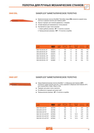 51
SANDFLEX®
Биметаллическое полотно
■■ Биметаллические полотна Sandflex®
Demolition slope (DSL) являются серией очень
толстых и широких полотен для тяжелых работ
■■ Хорошо подходит для пиления древесины с гвоздями
■■ Угловая форма для всевозможных типов резания
■■ Поставляется в двух типах упаковки:
1. Новая удобная упаковка, -5P = 5 полотен в кассете.
2. Промышленная упаковка, -10P = 10 полотен в коробке.
731151 mm mm
3840-150-5/8-DSL-5P 8236212 5 150 1.6 5/8 DSL 170
3840-228-5/8-DSL-5P 8236250 5 228 1.6 5/8 DSL 290
3840-300-5/8-DSL-5P 8236274 5 300 1.6 5/8 DSL 410
3840-150-5/8-DSL-10P 8238742 1 150 1.6 5/8 DSL 300
3840-228-5/8-DSL-10P 8238810 1 228 1.6 5/8 DSL 520
3840-300-5/8-DSL-10P 8238865 1 300 1.6 5/8 DSL 770
SANDFLEX®
Биметаллическое полотно
■■ Новые биметаллические полотна Sandflex®
с U-образным хвостовиком (UST)
относятся к серии полотен для пил с очень широким U-образным хвостовиком (3/4”)
для станков Rems, Roller, Hitachi и Flex
■■ Подходят для резки стали и металла
■■ В особенности подходят для резки труб
■■ Промышленная упаковка, -5P = 5 полотен в коробке
731151 mm mm
3840-150-8-UST-5P 8237578 1 150 1.6 8 UST 230
3840-200-8-UST-5P 8237585 1 200 1.6 8 UST 320
3840-300-8-UST-5P 8237592 1 300 1.6 8 UST 470
3840-150-10/14-UST-5P 8278038 1 150 1.6 10/14 UST 230
3840-200-10/14-UST-5P 8278045 1 200 1.6 10/14 UST 320
3840-300-10/14-UST-5P 8278052 1 300 1.6 10/14 UST 470
ПОЛОТНА ДЛЯ РУЧНЫХ МЕХАНИЧЕСКИХ СТАНКОВ
3840 DSL
3840 UST
 