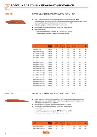 52
SANDFLEX®
Биметаллическое полотно
■■ Новые биметаллические полотна Sandflex®
повышенной прочности (НST)
с прецизионной заточкой относятся к серии с широкой рабочей поверхностью - особо
прочных, с более высоким сопротивлением перелому и изгибу
■■ Подходят для резки металла на предельных режимах
■■ Косая форма полотна подходит для различных типов пиления
■■ Два типа упаковки:
1. Новая индивидуальная упаковка, -5P = 5 полотен в коробке
2. Промышленная упаковка, -10P = 10 полотен в коробке
731151 mm mm
150-10-HST-5P 0194773 5 150 1.07 10 HST 140
3840-150-14-HST-5P 0194766 5 150 1.07 14 HST 140
3840-150-18-HST-5P 0194759 5 150 1.07 18 HST 140
3840-228-10-HST-5P 0194834 5 228 1.07 10 HST 211
3840-228-14-HST-5P 0194841 5 228 1.07 14 HST 211
3840-228-18-HST-5P 0194858 5 228 1.07 18 HST 211
3840-300-10-HST-5P 0194940 5 300 1.07 10 HST 280
3840-300-14-HST-5P 0194933 5 300 1.07 14 HST 280
3840-300-18-HST-5P 0194926 5 300 1.07 18 HST 280
3840-150-10-HST-10P 0194827 1 150 1.07 10 HST 280
3840-150-14-HST-10P 0194810 1 150 1.07 14 HST 280
3840-150-18-HST-10P 0194803 1 150 1.07 18 HST 280
3840-228-10-HST-10P 0194889 1 228 1.07 10 HST 422
3840-228-14-HST-10P 0194872 1 228 1.07 14 HST 422
3840-228-18-HST-10P 0194865 1 228 1.07 18 HST 422
3840-300-10-HST-10P 0194896 1 300 1.07 10 HST 560
3840-300-14-HST-10P 0194902 1 300 1.07 14 HST 560
3840-300-18-HST-10P 0194919 1 300 1.07 18 HST 560
SANDFLEX®
Биметаллическое полотно
■■ Новые биметаллические полотна Sandflex®
для пожарных и спасательных служб
с прецизионной заточкой относятся к серии высокопрочных полотен по металлу,
для работы в экстремальных условиях
■■ Спроектированы с учетом требований спасательных служб
■■ Косая форма полотна подходит для различных типов пиления
■■ Два типа упаковки:
1. Новая индивидуальная упаковка, -5P = 5 полотен в коробке
2. Промышленная упаковка, -10P = 10 полотен в коробке
731151 mm mm
3840-228-10-DSL-5P 0194957 5 228 1.6 10 DSL 233
3840-228-10-DSL-10P 0194964 1 228 1.6 10 DSL 466
ПОЛОТНА ДЛЯ РУЧНЫХ МЕХАНИЧЕСКИХ СТАНКОВ
3840 HST
3840 FR
 