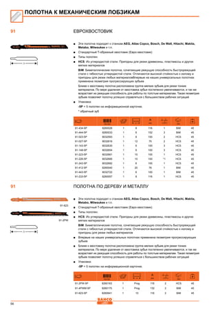 56
Еврохвостовик
■■ Эти полотна подходят к станкам AEG, Atlas Copco, Bosch, De Walt, Hitachi, Makita,
Metabo, Milwaukee и т.п.
■■ Стандартный T-образный хвостовик (Евро-хвостовик)
■■ Типы полотен:
■■ HCS: Из углеродистой стали. Пригодны для резки древесины, пластмассы и других
мягких материалов
BiM: Биметаллические полотна, сочетающие режущую способность быстрорежущей
стали с гибкостью углеродистой стали. Отличаются высокой стойкостью к излому и
пригодны для резки любых материаловВпервые на наших универсальных полотнах
применена геометрия прогрессирующих зубьев
Ближе к хвостовику полотна расположена группа мелких зубьев для резки тонких
материалов. По мере удаления от хвостовика зубья постепенно увеличиваются, и так же
возрастает их режущая способность для работы по толстым материалам. Такая геометрия
зубьев позволяет полотну успешно справляться с большинством рабочих ситуаций
■■ Упаковка:
-5P = 5 полотен на информационной карточке.
* обратный зуб
731151
A
mm mm
91-434-5P 8260026 1 8 116 1 BiM 45
91-444-5P 8260033 1 6 152 3 BiM 45
91-023-5P 8032593 1 8 100 2 HCS 45
91-027-5P 8032616 1 12 75 2 HCS 45
91-143-5P 8032630 1 6 100 3 HCS 45
91-148-5P 8032654 1 6 100 3 HCS 45
91-223-5P 8032661 1 10 100 1 HCS 45
91-226-5P 8032685 1 10 100 *1 HCS 45
91-243-5P 8032692 1 6 100 1 HCS 45
91-412-5P 8260040 1 20 76 1 BiM 45
91-443-5P 8032722 1 6 100 1 BiM 45
91-233-5P 8260057 1 8 116 1 HCS 45
Полотна по дереву и металлу
■■ Эти полотна подходят к станкам AEG, Atlas Copco, Bosch, De Walt, Hitachi, Makita,
Metabo, Milwaukee и т.п.
■■ Стандартный T-образный хвостовик (Евро-хвостовик)
■■ Типы полотен:
■■ HCS: Из углеродистой стали. Пригодны для резки древесины, пластмассы и других
мягких материалов
BiM: Биметаллические полотна, сочетающие режущую способность быстрорежущей
стали с гибкостью углеродистой стали. Отличаются высокой стойкостью к излому и
пригодны для резки любых материалов
■■ Впервые на наших универсальных полотнах применена геометрия прогрессирующих
зубьев
■■ Ближе к хвостовику полотна расположена группа мелких зубьев для резки тонких
материалов. По мере удаления от хвостовика зубья постепенно увеличиваются, и так же
возрастает их режущая способность для работы по толстым материалам. Такая геометрия
зубьев позволяет полотну успешно справляться с большинством рабочих ситуаций
■■ Упаковка:
-5P = 5 полотен на информационной карточке.
731151
A
mm mm
91-2PW-5P 8260163 1 Prog 116 2 HCS 45
91-4PWM-5P 8260170 1 Prog 132 2 BiM 45
91-623-5P 8260641 1 10 116 2 BiM 45
ПОЛОТНА К МЕХАНИЧЕСКИМ ЛОБЗИКАМ
91
91
91-2PW
91-623
 