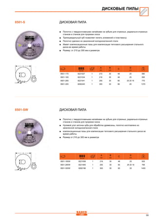 59
ДИСКОВАЯ ПИЛА
■■ Полотно с твердосплавными напайками на зубьях для отрезных, радиально-отрезных
станков и станков для прорезки скоса
■■ Трапецеидальный зуб позволяет пилить алюминий и пластмассу
■■ Полотно сделано из закаленной холоднокатанной стали
■■ Имеет компенсационные пазы для компенсации теплового расширения стального
диска во время работы
■■ Размер: от 210 до 300 мм в диаметре
731151
A
mm
B
mm
C
D
mm
8501-17S 8221027 1 210 30 48 25 580
8501-18S 8221034 1 216 30 48 25 595
8501-28S 8221041 1 250 30 80 25 20 16 770
8501-30S 8282240 1 300 30 96 20 1370
ДИСКОВАЯ ПИЛА
■■ Полотно с твердосплавными напайками на зубьях для отрезных, радиально-отрезных
станков и станков для прорезки скоса
■■ Нулевой угол заточки зуба для обработки древесины, полотно изготовлено из
закаленной холоднокатанной стали
■■ компенсационные пазы для компенсации теплового расширения стального диска во
время работы
■■ Размер от 216 до 300 мм в диаметре
731151
A
mm
B
mm
C
D
mm
8501-18SW 8221058 1 216 30 48 25 635
8501-28SW 8221065 1 250 30 60 25 20 16 795
8501-30SW 8282196 1 300 30 60 20 1400
ДИСКОВЫЕ ПИЛЫ
8501-S
8501-SW
 