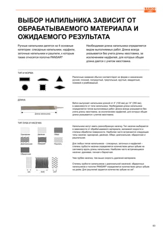 63
Ручные напильники делятся на 4 основные
категории: слесарные напильники, надфили,
заточные напильники и рашпили, к которым
также относятся полотна PANSAR®.
Необходимая длина напильника определяется
видом выполняемых работ. Длина всегда
указывается без учета длины хвостовика, за
исключением надфилей, для которых общая
длина дается с учетом хвостовика.
ВЫБОР НАПИЛЬНИКА ЗАВИСИТ ОТ
ОБРАБАТЫВАЕМОГО МАТЕРИАЛА И
ОЖИДАЕМОГО РЕЗУЛЬТАТА
Различные названия обычно соответствуют их форме и назначению:
ручной, плоский, полукруглый, треугольный, круглый, квадратный,
ножевой и ромбовидный.
Bahco выпускает напильники длиной от 4” (100 мм) до 14” (350 мм),
в зависимости от типа напильника. Необходимая длина напильника
определяется типом выполняемых работ. Длина всегда указывается без
учета длины хвостовика, за исключением надфилей, для которых общая
длина указывается с учетом хвостовика.
Напильники могут иметь разнообразную насечку. Тип насечки выбирается
в зависимости от обрабатываемого материала, желаемой скорости и
степени обработки поверхности. Наиболее часто встречаются следующие
типы насечек: одинарная, двойная, Оберг, диагональная, обдирочная и
рашпильная.
Для любых типов напильников – слесарных, заточных и надфилей –
степень грубости насечки определяется количеством целых зубьев на
сантиметр вдоль длины напильника. Наиболее часто встречающиеся
насечки: драчевая, личная и бархатная.
Чем грубее насечка, тем выше скорость удаления материала.
Степень грубости напильников с диагональной насечкой, обдирочных
напильников и полотен PANSAR®
определяется количеством целых зубьев
на дюйм. Для рашпилей задается количество зубьев на см².
ТИП И ФОРМА
ДЛИНА
ТИП ЗУБА И НАСЕЧКА
Длина напильника
Одинарная
Диагональная
Обдирочная
Двойная
PANSAR®
Оберг
Рашпиль
 