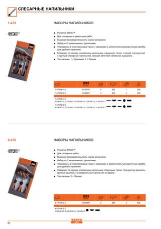 84
Наборы напильников
■■ Рукоятки ERGO™
■■ Для столярных и ремонтных работ
■■ Высокая производительность съема материала
■■ Набор из 5 напильников с рукоятками
■■ Упакованны в пластмассовый чехол с завязками и дополнительную картонную коробку
для удобного хранения
■■ Содержит по одному слесарному напильнику следующих типов: плоский, полукруглый
и круглый слесарные напильники, плоский заточной напильник и рашпиль
■■ Тип насечки: 1 = Драчевая, 2 = Личная
731151 mm
1-479-08-1-2 8176747 5 200 1 935
1-479-08-2-2 8180607 5 200 2 935
1-479-08-1-2
4-138-08-1-2; 1-210-08-1-2; 6-343-08-2-2; 1-230-08-1-2; 1-100-08-1-2, , , , ,
1-479-08-2-2
4-138-08-1-2; 1-210-08-2-2; 6-343-08-2-2; 1-230-08-2-2; 1-100-08-2-2, , , , ,
Наборы напильников
■■ Рукоятки ERGO™
■■ Для столярных работ
■■ Высокая производительность съема материала
■■ Набор из 3 напильников с рукоятками
■■ Упакованны в пластмассовый чехол с завязками и дополнительную картонную коробку
для удобного хранения
■■ Содержит по одному слесарному напильнику следующих типов: полукруглый рашпиль,
круглый рашпиль и универсальный напильник по дереву
■■ Тип насечки: 2 = Личная
731151 mm
6-470-08-2-2 8242008 5 200 2 635
6-470-08-2-2
6-345-08-2-2; 6-342-08-2-2; 4-152-08-2-2, , ,
СЛЕСАРНЫЕ НАПИЛЬНИКИ
1-479
6-470
 