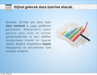 Dijital gelecek data üzerine olacak.



         Bankalar 2013’de çok daha fazla
         data merkezli iş yapış şekillerine
         geçmeliler. Müşterilerin işlem
         geçmişi yeni ürün ve hizmet
         geliştirmelerinde ve yeni tekliﬂer
         oluşturmada önemli bir kaynak
         olacak. Böylece müşterilere kişisel
         ihtiyaçlarına ve durumlarına özel
         cevaplar verilecek.




21 Ocak 13 Pazartesi
 