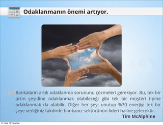 Odaklanmanın önemi artıyor.




      “
               Bankaların artık odaklanma sorununu çözmeleri gerekiyor. Bu, tek bir
               ürün çeşidine odaklanmak olabileceği gibi tek bir müşteri tipine
               odaklanmak da olabilir. Diğer her şeyi unutup %70 enerjiyi tek bir
               şeye vediğiniz takdirde bankanız sektörünün lideri haline gelecektir.
                                                                   Tim McAlphine
21 Ocak 13 Pazartesi
 