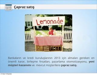 Çapraz satış




             Bankaların ve kredi kuruluşlarının 2013 için almaları gereken en
             önemli karar, birleşme fırsatları, pazarlama otomotizasyonu, yeni
             müşteri kazanımı ve mevcut müşterilere çapraz satış.


21 Ocak 13 Pazartesi
 