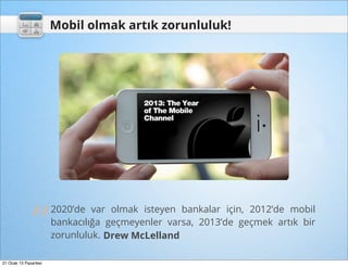 Mobil olmak artık zorunluluk!




              “
                       2020’de var olmak isteyen bankalar için, 2012’de mobil
                       bankacılığa geçmeyenler varsa, 2013’de geçmek artık bir
                       zorunluluk. Drew McLelland

21 Ocak 13 Pazartesi
 