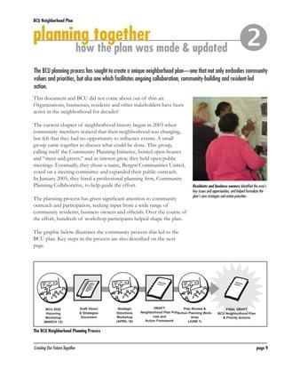 BCU Neighborhood Plan	

planning together

how the plan was made & updated



The BCU planning process has sought to create a unique neighborhood plan—one that not only embodies community
values and priorities, but also one which facilitates ongoing collaboration, community-building and resident-led
action.
This document and BCU did not come about out of thin air.
Organizations, businesses, residents and other stakeholders have been
active in the neighborhood for decades!
The current chapter of neighborhood history began in 2003 when
community members noticed that their neighborhood was changing,
but felt that they had no opportunity to influence events. A small
group came together to discuss what could be done. This group,
calling itself the Community Planning Initiative, hosted open-houses
and “meet-and-greets,” and as interest grew, they held open public
meetings. Eventually, they chose a name, Bergen Communities United,
voted on a steering committee and expanded their public outreach.
In January 2005, they hired a professional planning firm, Community
Planning Collaborative, to help guide the effort.
The planning process has given significant attention to community
outreach and participation, seeking input from a wide range of
community residents, business owners and officials. Over the course of
the effort, hundreds of workshop participants helped shape the plan.

Residents and business owners identified the area’s
key issues and opportunities, and helped formulate the
plan’s core strategies and action priorities.

The graphic below illustrates the community process that led to the
BCU plan. Key steps in the process are also described on the next
page.

BCU 2025
Visioning
Workshop
(MARCH 12)

Draft Vision
& Strategies
Document

Strategic
Directions
Workshop
(APRIL 18)

DRAFT
Plan Review &
Neighborhood Plan PoliAction Planning Workcies and
shop
Action Framework
(JUNE 1)

FINAL DRAFT
BCU Neighborhood Plan
& Priority Actions

The BCU Neighborhood Planning Process
Creating Our Future Together	

page 9

 