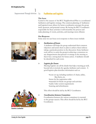BCU Neighborhood Plan	

1

Empowerment Through Activism 1e	

Facilitation and Logistics

The Issue
Central to the success of the BCU Neighborhood Plan is a coordinated
facilitation and logistics strategy. The common planning of facilitation
and logistical issues allows for better coordination amongst the group
itself, sponsors, and potential venues. By having the BCU Coordinator
responsible for these activities it will streamline the process and
make planning of events, activities, and meetings more efficient.
Our Response
Some areas we can focus on in response to these issues include:
	

	

facilitation

	

	

Facilitation of Events
A facilitator will helps the group understand their common
objectives and assists them to plan to achieve them without
taking a particular position in the discussion. Some facilitator
tools will try to assist the group in achieving a consensus on
any disagreements that preexist or emerge in the meeting so
that it has a strong basis for future action. A facilitator should
be identified for each event.
Logistics for Events
Meeting logistics are all the details that help a meeting go well,
beyond who is invited, the agenda, facilitator and content. A
good logistics plan describes information such as:
•room set-up, including numbers of chairs, tables,
flip-charts, etc.
•items for the registration table
•materials for break-out groups and activities
•audio/video system requirements
•catering and refreshments
This effort should be led by the BCU Coordinator.

	

	

Coordination between Committees
Coordination between the various committees is essential
to the groups success. This effort should be led by the BCU
Coordinator.

Committee coordination

Creating Our Future Together	

page 35

 