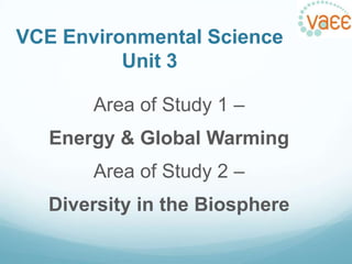 VCE Environmental Science
Unit 3
Area of Study 1 –

Energy & Global Warming
Area of Study 2 –

Diversity in the Biosphere

 