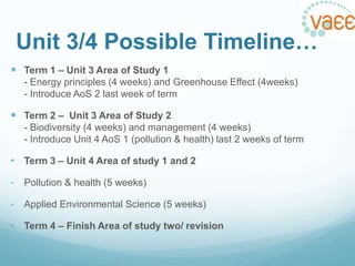 Unit 3/4 Possible Timeline…
 Term 1 – Unit 3 Area of Study 1
- Energy principles (4 weeks) and Greenhouse Effect (4weeks)
- Introduce AoS 2 last week of term

 Term 2 – Unit 3 Area of Study 2
- Biodiversity (4 weeks) and management (4 weeks)
- Introduce Unit 4 AoS 1 (pollution & health) last 2 weeks of term

• Term 3 – Unit 4 Area of study 1 and 2
- Pollution & health (5 weeks)
- Applied Environmental Science (5 weeks)
• Term 4 – Finish Area of study two/ revision

 