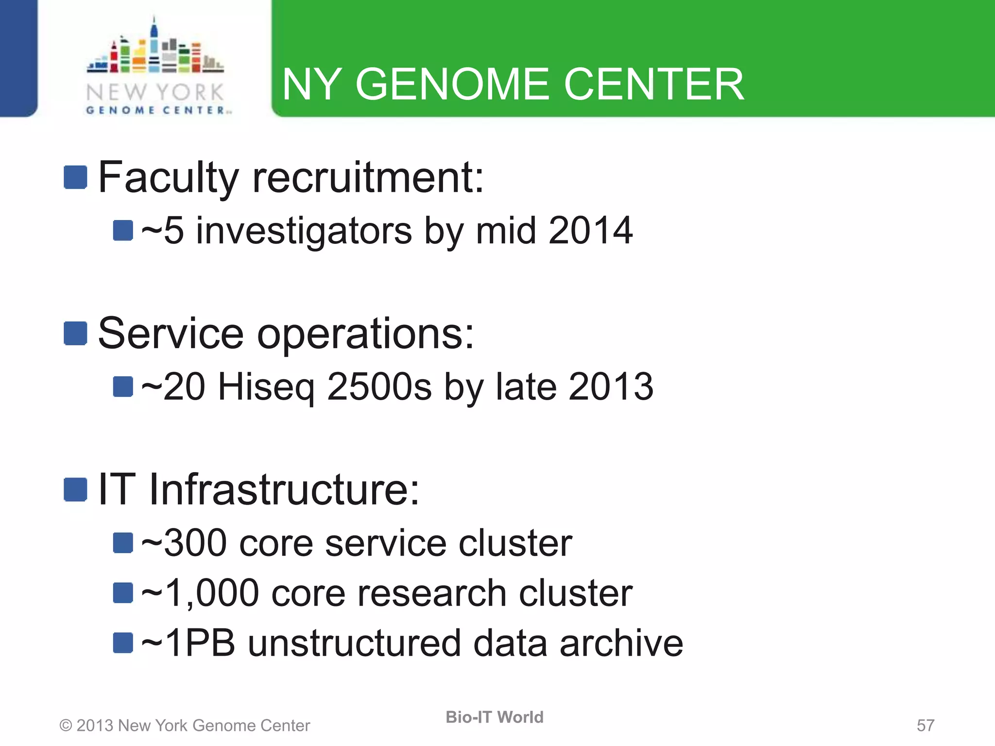 © 2013 New York Genome Center 57
Bio-IT World
NY GENOME CENTER
Faculty recruitment:
~5 investigators by mid 2014
Service operations:
~20 Hiseq 2500s by late 2013
IT Infrastructure:
~300 core service cluster
~1,000 core research cluster
~1PB unstructured data archive
 