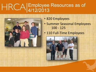 Employee Resources as of
4/12/2013
• 820 Employees
• Summer Seasonal Employees
100 - 125
• 110 Full-Time Employees
 