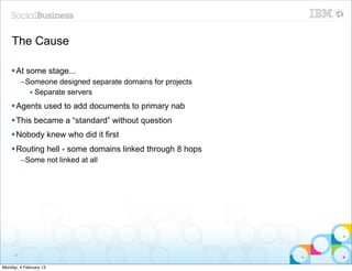 The Cause

    § At some stage...
          –Someone designed separate domains for projects
            • Separate servers
    § Agents used to add documents to primary nab
    § This became a “standard” without question
    § Nobody knew who did it first
    § Routing hell - some domains linked through 8 hops
          –Some not linked at all




     45


Monday, 4 February 13
 