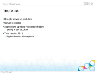The Cause

    § Brought server up each time
    § Server replicated
    § Applications updated Replication history
          –Ending in Jan 01, 2020
    § Time reset to 2012
          –Applications wouldn’t replicate




     85


Monday, 4 February 13
 