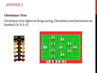 ANSWER 2

Christmas Tree
Christmas tree lights in Drag racing, Christmas tree formation in
football (4-3-2-1)
 