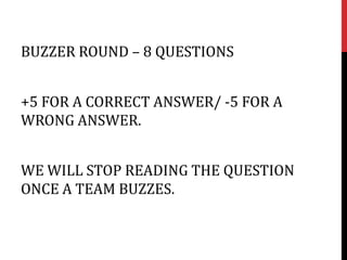 BUZZER ROUND – 8 QUESTIONS


+5 FOR A CORRECT ANSWER/ -5 FOR A
WRONG ANSWER.


WE WILL STOP READING THE QUESTION
ONCE A TEAM BUZZES.
 