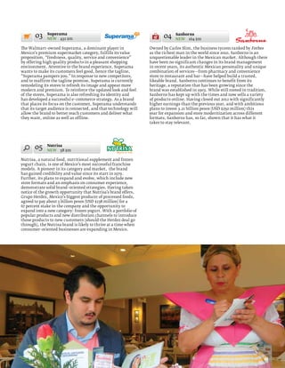 03     Superama
              NEW 432 $m                                                 04    Sanborns
                                                                               NEW 164 $m

The Walmart–owned Superama, a dominant player in                  Owned by Carlos Slim, the business tycoon ranked by Forbes
Mexico’s premium supermarket category, fulfills its value         as the richest man in the world since 2010, Sanborns is an
proposition, “freshness, quality, service and convenience”        unquestionable leader in the Mexican market. Although there
by offering high quality products in a pleasant shopping          have been no significant changes in its brand management
environment. Attentive to the brand experience, Superama          in recent years, its authentic Mexican personality and unique
wants to make its customers feel good, hence the tagline,         combination of services—from pharmacy and convenience
“Superama pampers you.” In response to new competitors,           store to restaurant and bar—have helped build a trusted,
and to reaffirm the tagline promise, Superama is currently        likeable brand. Sanborns continues to benefit from its
remodeling its stores to refresh its image and appear more        heritage, a reputation that has been growing since the
modern and premium. To reinforce the updated look and feel        brand was established in 1903. While still rooted in tradition,
of the stores, Superama is also refreshing its identity and       Sanborns has kept up with the times and now sells a variety
has developed a successful e–commerce strategy. As a brand        of products online. Having closed out 2012 with significantly
that places its focus on the customer, Superama understands       higher earnings than the previous year, and with ambitious
that its target audience is connected, and that technology will   plans to invest 3.21 billion pesos (USD $250 million) this
allow the brand to better reach customers and deliver what        year for expansion and store modernization across different
they want, online as well as offline.                             formats, Sanborns has, so far, shown that it has what it
                                                                  takes to stay relevant.




       05     Nutrisa
              NEW 58 $m

Nutrisa, a natural food, nutritional supplement and frozen
yogurt chain, is one of Mexico’s most successful franchise
models. A pioneer in its category and market, the brand
has gained credibility and value since its start in 1979.
Further, its plans to expand and evolve, which include new
store formats and an emphasis on consumer experience,
demonstrate solid brand–oriented strategies. Having taken
notice of the growth opportunity that Nutrisa’s brand offers,
Grupo Herdez, Mexico’s biggest producer of processed foods,
agreed to pay about 3 billion pesos (USD $238 million) for a
67 percent stake in the company and the opportunity to
expand into a new category: frozen yogurt. With a portfolio of
popular products and new distribution channels to introduce
those products to new customers (should the Herdez deal go
through), the Nutrisa brand is likely to thrive at a time when
consumer–oriented businesses are expanding in Mexico.




                                                                                                                               45
 