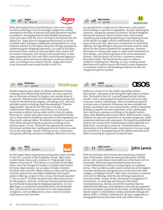 U.K. Retail Brands




        07    Argos
             –8% 805 $m                                                    08
                                                                                 Morrisons
                                                                                 +3% 451 $m

With decreasing financial performance since 2010, Argos            2012 proved to be a tough year for Morrisons, with market
has been suffering in an increasingly competitive market           share falling to 11 percent in September, Q3 sales declining by
swamped by the likes of Amazon and other big online retailers.     2 percent, and group commercial director, Richard Hodgson,
In response, managing director John Walden announced               leaving the business. Retail analysts have cited unclear
a five–year plan with the aim to revitalize the business for the   marketing and weakened positioning as contributing factors
digital era. Argos plans to engage predominantly in online         to the brand’s struggle, which undoubtedly will become
or mobile sales, leaving its trademark catalog behind. In–store    areas of focus for 2013. Morrisons is known for its fresh food
browsers and Wi–Fi will replace the print catalogs and pencils,    offering, but lags behind in the areas of online and non–food
modernizing the shopping experience. As a part of this plan,       which are key drivers of growth for competitors. However,
the brand will re–assess its store portfolio and 75 stores will    Morrisons is taking some steps to evolve with investment in
be closed or relocated. One thing in the brand’s favor is that     store design, continued expansion of M–local convenience
Argos pioneered the click and collect multichannel approach.       formats, and the launch of its first e–commerce venture,
Now online check and reserve represents 30 percent of total        Morrisons Cellar. The brand also has plans to debut a
sales, according to 2012 interim results. Argos also claims        children’s clothing line, Nutmeg, in 2013. Looking ahead,
to be the second most visited retailer in the U.K.                 Morrisons will need to ensure the brand is more responsive
                                                                   to consumer needs or risk becoming irrelevant in the very
                                                                   competitive grocery market.




       09     Waitrose
              +12% 429 $m                                                  10    ASOS
                                                                                 NEW 416 $m

Despite negative press about its #WaitroseReasons Twitter          ASOS has a vision to be the world’s top online fashion
campaign and relationship with Shell, 2012 was a positive          destination, and seems to be taking the right steps to achieve
year as Waitrose achieved its highest–ever market share of         this. The brand is the U.K.’s second largest online fashion
4.7 percent. Waitrose also received high customer satisfaction     retailer, with a clear passion for fashion and a focus on style–
scores for the food retail category, according to ICS, and won     conscious twenty–somethings. After extraordinary growth
multiple awards including Good Housekeeping’s “Favorite            in recent years, 62 percent of revenues are now coming from
Supermarket” Award for the fifth year running. A                   abroad, according to the 2012 annual results. ASOS is constantly
multichannel offering was a main focus, as it received             looking to improve the user experience, with a philosophy
permission to deliver online orders within Central London.         that anything customers are doing in the digital fashion
Waitrose TV, a food–only video channel, launched with the          space, they should be able to do on ASOS. With its youth–centric,
aim to drive sales by enabling consumers to buy ingredients as     celebrity tie–ups and investment in its online magazine, ASOS
they watch cooking videos. Its website continues to succeed,       maintains relevance with consumers. The brand has established
with online sales growing by 50 percent according to the           itself as the second most visited fashion website globally on a
interim report. In 2012, Waitrose also reported the busiest        daily basis, according to comScore. Previously known as a
Christmas and New Year trading period in its history as sales      destination to buy other brands, investment in its own range
hit an all–time high. Award–winning service, innovation,           has resulted in a strengthening of the ASOS brand with own–
and quality offering continue to underpin Waitrose’s success.      label accounting for 55 percent of overall sales.




        11    BQ
              NEW 405 $m                                                   12    John Lewis
                                                                                 NEW 314 $m

As the largest home improvement and garden center retailer         With its Christmas ads of recent years becoming a national
in the U.K. and part of the Kingfisher Group, BQ enjoys           topic of discussion, and its partners providing ever–reliable
market leader status and a mission to “help people create          service, John Lewis fosters much affection in the hearts of U.K.
homes to be proud of.” This forms a crucial part of the BQ        consumers. The brand’s partnership business structure
ethos: not to be thought of simply as a product destination        is a key differentiator and has a strong impact on customer
for home improvement, but as a place to help customers             service. This is evident as John Lewis received one of the highest
facilitate their own DIY. BQ’s values are clear and the advice,   customer satisfaction ratings last year in the retail non–food
tutorials and services provided complement the brand’s             category, according to the ICS. John Lewis continues to innovate
product offering. As part of this, in 2012 the brand launched      in its service offering, with the aim of being responsive to
a “You can do it” YouTube channel with video instructions          consumer needs. As part of this, the brand has engaged in IT
for DIY projects. However, lackluster financial performance        recruitment, in–store apps and Amazon–like online
has the brand reassessing its shopping experience. In 2012         recommendations. One success for the brand has been its
BQ began an ambitious nationwide store refurbishment.             multichannel offering, with johnlewis.com sales up 43 percent
This, partnered with recruitment in IT and improvement             and accounting for 24 percent of total sales, according the to 2012
in logistics, will see BQ aim to create a more consistent         interim report. In December its online sales broke through the
experience across channels.                                        £800m (USD $1.2 billion) milestone for the year, supported by a
                                                                   strong performance from their click–and–collect services.


58    Best Retail Brands 2013 by Interbrand
 