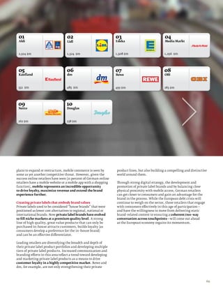 01                                02                             03                              04
 Aldi                              Lidl                           Edeka                           Media Markt



 2,924 $m                          1,524 $m                       1,508 $m                        1,296 $m




 05                                06                             07                              08
 Kaufland                          dm                             Rewe                            OBI



 551 $m                            485 $m                         459 $m                          283 $m




 09                               10
 Netto                             Douglas



 262 $m                            238 $m




plans to expand or restructure, mobile commerce is seen by        product lines, but also building a compelling and distinctive
some as yet another competitive threat. However, given the        world around them.
success online retailers have seen (21 percent of German online
retailers have a mobile website or a mobile app with a shopping   Through strong digital strategy, the development and
function), mobile represents an incredible opportunity            promotion of private label brands and by balancing close
to drive loyalty, maximize revenue and extend the brand           physical proximity with mobile access, German retailers
experience further.                                               can get closer to consumers and gain an advantage for the
                                                                  brand in the process. While the European debt crisis will
Creating private labels that embody brand values                  continue to weigh on the sector, those retailers that engage
Private labels used to be considered “house brands” that were     with consumers effectively in this age of participation—
positioned as lower cost alternatives to regional, national or    and have the willingness to move from delivering static
international brands. Now private label brands have evolved       brand–related content to ensuring a coherent two–way
to fill niche markets at a premium quality level. A strong        conversation across touchpoints—will come out ahead
line of high quality, great value products that can only be       as the European economy regains its momentum.
purchased in–house attracts customers, builds loyalty (as
consumers develop a preference for the in–house brand)
and can be an effective differentiator.

Leading retailers are diversifying the breadth and depth of
their private label product portfolios and developing multiple
tiers of private label products. Increased communication and
branding efforts in this area reflect a trend toward developing
and marketing private label products as a means to drive
customer loyalty in a highly competitive market. Rewe and
dm, for example, are not only strengthening their private



                                                                                                                                 69
 