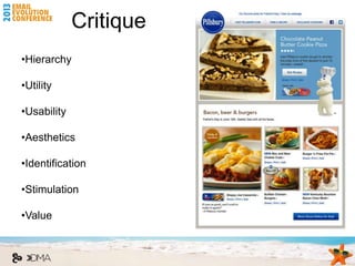 Critique
•Hierarchy

•Utility

•Usability

•Aesthetics

•Identification

•Stimulation

•Value
 