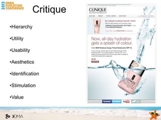 Critique
•Hierarchy

•Utility

•Usability

•Aesthetics

•Identification

•Stimulation

•Value
 
