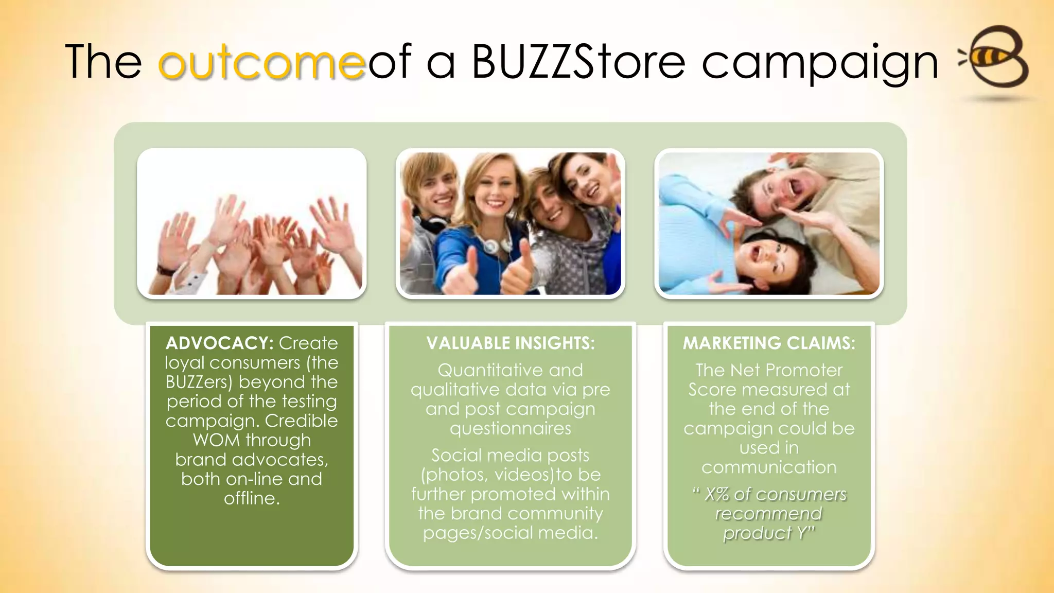 The outcomeof a BUZZStore campaign
ADVOCACY: Create
loyal consumers (the
BUZZers) beyond the
period of the testing
campaign. Credible
WOM through
brand advocates,
both on-line and
offline.
VALUABLE INSIGHTS:
Quantitative and
qualitative data via pre
and post campaign
questionnaires
Social media posts
(photos, videos)to be
further promoted within
the brand community
pages/social media.
MARKETING CLAIMS:
The Net Promoter
Score measured at
the end of the
campaign could be
used in
communication
“ X% of consumers
recommend
product Y”
 