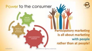 Power to the consumer
USER-GENERATED
CONTENT
WORD OF
MOUTH
NETWORKS
ONLINE
ADVISORY
BOARDS
9/24/2013 @BUZZStore/ Agency credentials 4
with people
 