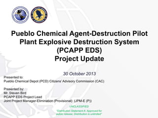 Pueblo Chemical Agent-Destruction Pilot
Plant Explosive Destruction System
(PCAPP EDS)
Project Update
30 October 2013
“Distribution Statement A: Approved for
public release; Distribution is unlimited”
UNCLASSIFIED
Presented to:
Pueblo Chemical Depot (PCD) Citizens’ Advisory Commission (CAC)
Presented by:
Mr. Steven Bird
PCAPP EDS Project Lead
Joint Project Manager-Elimination (Provisional) (JPM-E (P))
 