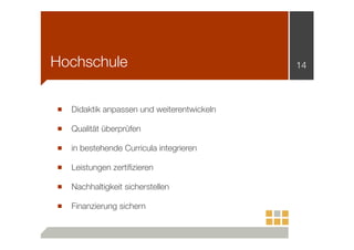 Hochschule
■

Didaktik anpassen und weiterentwickeln

■

Qualität überprüfen

■

in bestehende Curricula integrieren

■

Leistungen zertiﬁzieren

■

Nachhaltigkeit sicherstellen

■

Finanzierung sichern

14

 