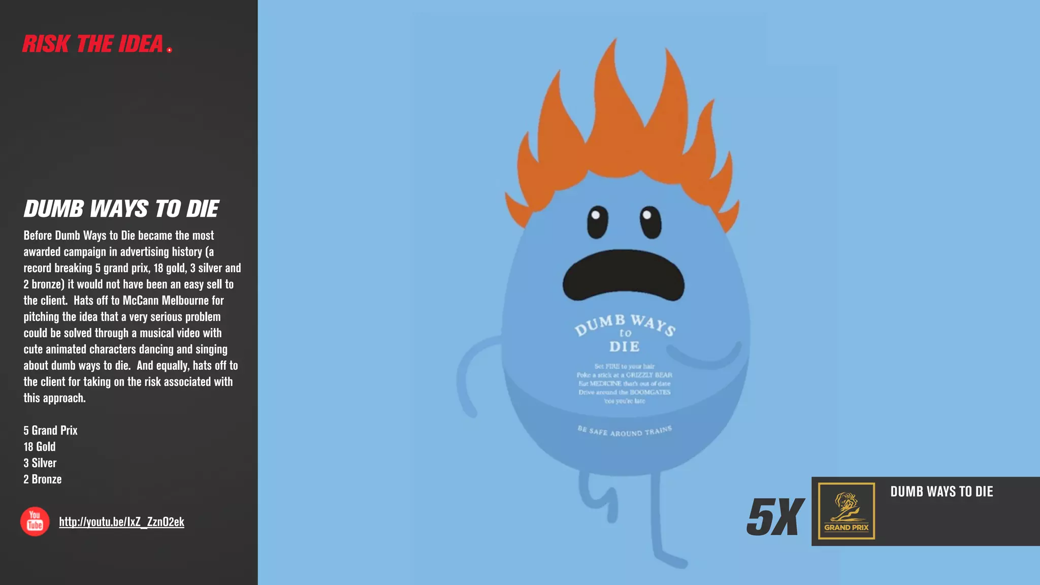 GRAND PRIX
DUMB WAYS TO DIE
5X
RISK THE IDEA
http://youtu.be/IxZ_ZznO2ek
DUMB WAYS TO DIE
Before Dumb Ways to Die became the most
awarded campaign in advertising history (a
record breaking 5 grand prix, 18 gold, 3 silver and
2 bronze) it would not have been an easy sell to
the client.  Hats off to McCann Melbourne for
pitching the idea that a very serious problem
could be solved through a musical video with
cute animated characters dancing and singing
about dumb ways to die.  And equally, hats off to
the client for taking on the risk associated with
this approach.
5 Grand Prix
18 Gold
3 Silver
2 Bronze
 