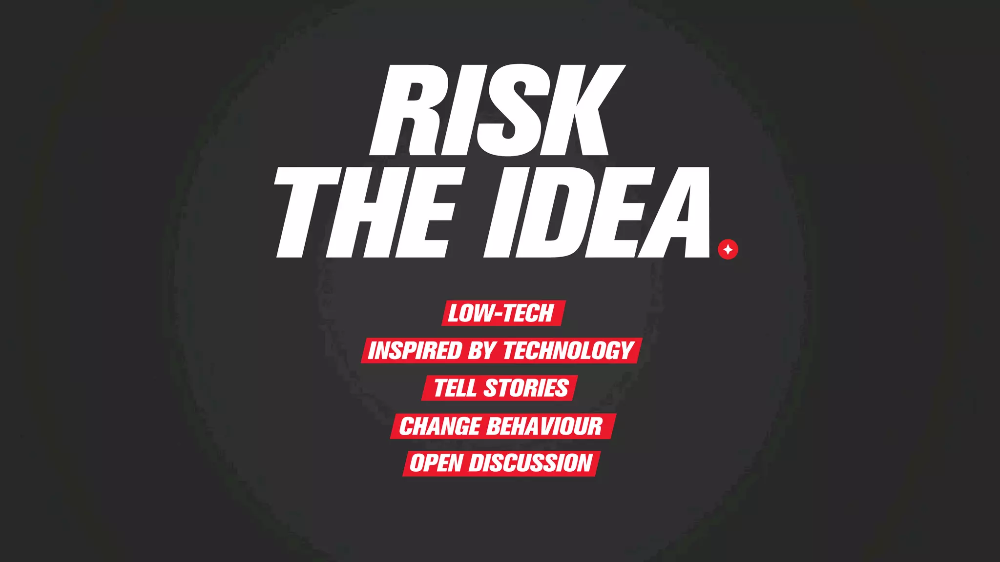RISK
THE IDEA
TELL STORIES
CHANGE BEHAVIOUR
OPEN DISCUSSION
LOW-TECH
INSPIRED BY TECHNOLOGY
 