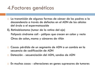 4.Factores genéticos
 La transmisión de algunas formas de cáncer de los padres a la
descendencia a través de defectos en el ADN de las células
del óvulo o el espermatozoide
Ej. Retinoblastoma (tumor de la retina del ojo)
Poliposis síndrome coli - pólipos que crecen en colon y recto
Otros de colon, mama y cánceres de riñón
 Causa: pérdida de un segmento de ADN o un cambio en la
secuencia de codificación de ADN
 Detección - secuenciación del ADN, sondas de ADN
 En muchos casos - alteraciones en genes supresores de tumores
 