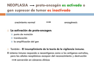 NEOPLASIA proto-oncogén es activado o
gen supresor de tumor es inactivado
crecimiento normal oncogénesis
 La activación de proto-oncogen:
 punto de mutación
 translocación
 la amplificación del gen
 También - El incumplimiento de la teoría de la vigilancia inmune:
El sistema inmune responde a neoantígenos como a los antígenos extraños,
pero las células neoplásicas escapan del reconocimiento y destrucción
conversión en cánceres clínicos
 