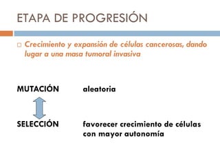 ETAPA DE PROGRESIÓN
 Crecimiento y expansión de células cancerosas, dando
lugar a una masa tumoral invasiva
MUTACIÓN aleatoria
SELECCIÓN favorecer crecimiento de células
con mayor autonomía
 