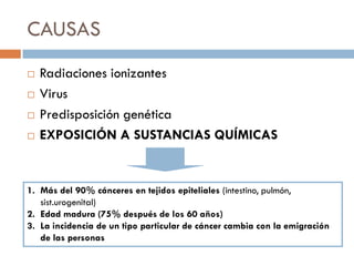 CAUSAS
 Radiaciones ionizantes
 Virus
 Predisposición genética
 EXPOSICIÓN A SUSTANCIAS QUÍMICAS
1. Más del 90% cánceres en tejidos epiteliales (intestino, pulmón,
sist.urogenital)
2. Edad madura (75% después de los 60 años)
3. La incidencia de un tipo particular de cáncer cambia con la emigración
de las personas
 