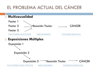EL PROBLEMA ACTUAL DEL CÁNCER
 Multicausalidad
Factor 1
Factor 2 Reacción Tisular CÁNCER
Factor 3
FACTORES MÚLTIPLES MECANISMO CONSECUENCIAS
 Exposiciones Múltiples
Exposición 1
Exposición 2
Exposición 3 Reacción Tisular CÁNCER
FACTORES MÚLTIPLES MECANISMO CONSECUENCIAS
 