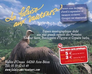 Avec votre carte privilèges
Adultes 5 €/pers.au lieu de 6 m
Enfants 3 € /pers.au lieu de 4 m
(d'avril à septembre et
pendant les vacances scolaires)
12
 