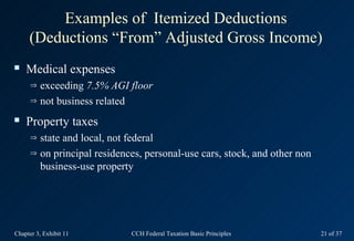 Examples of Itemized Deductions
     (Deductions “From” Adjusted Gross Income)
   Medical expenses
      ⇒ exceeding 7.5% AGI floor
      ⇒ not business related

   Property taxes
      ⇒ state and local, not federal
      ⇒ on principal residences, personal-use cars, stock, and other non

        business-use property




Chapter 3, Exhibit 11        CCH Federal Taxation Basic Principles         21 of 37
 