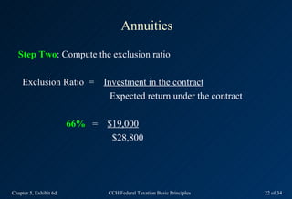 Annuities

  Step Two: Compute the exclusion ratio

    Exclusion Ratio =         Investment in the contract
             ...