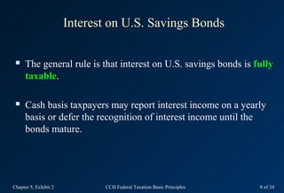 Interest on U.S. Savings Bonds

     The general rule is that interest on U.S. savings bonds is fully
      taxable.

  ...